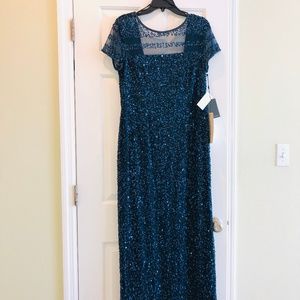 Short sleeve sapphire blue sequined evening gown